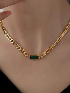 18K Gold Plated Emerald Green Pendant Chain Necklace